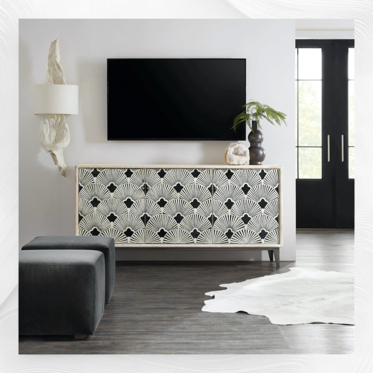 Flower bone inlay credenza in white distress finish, front view