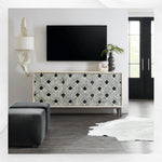 Flower bone inlay credenza in white distress finish, front view