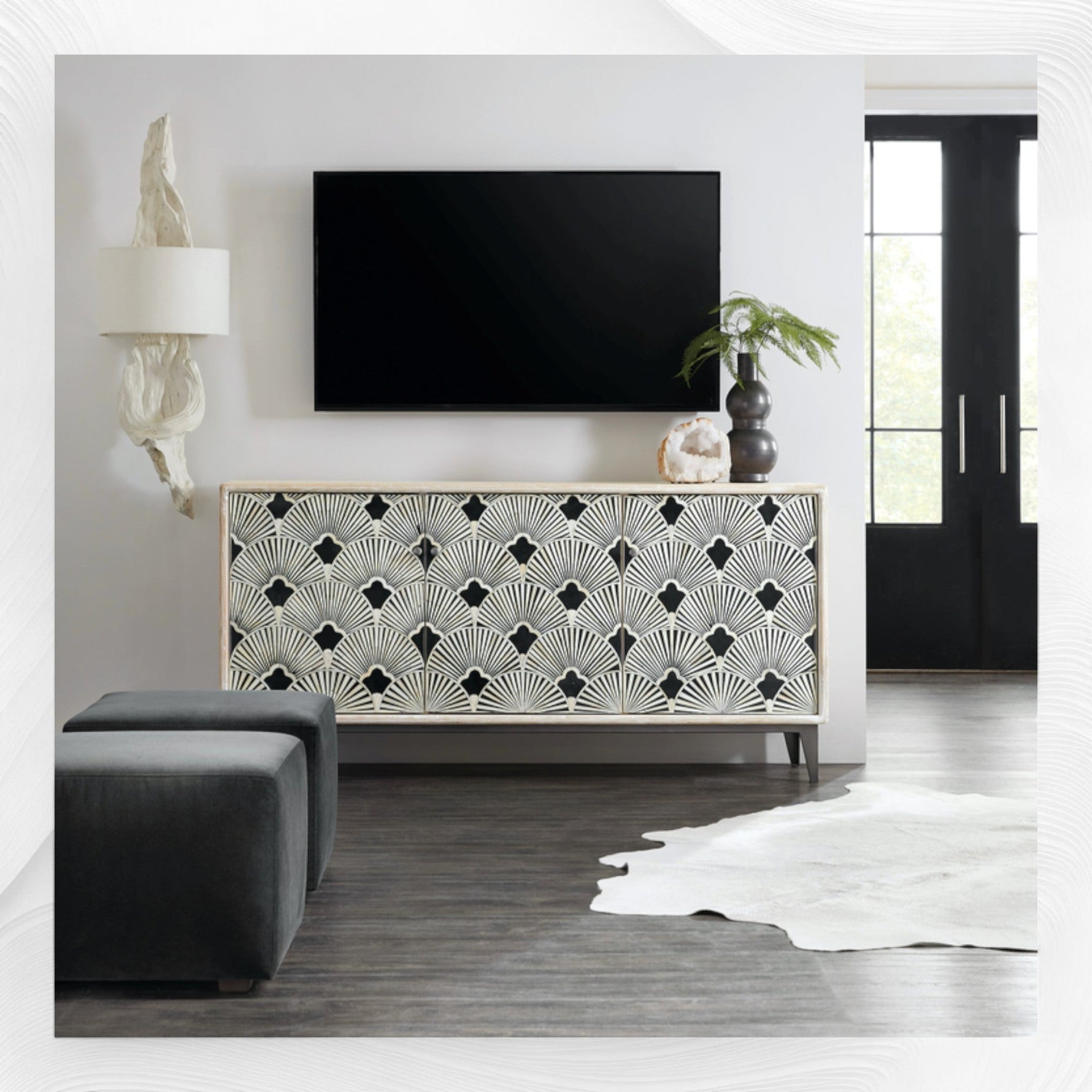 Flower bone inlay credenza in white distress finish, front view