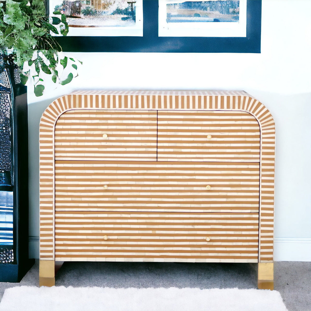 Waterfall Bone Inlay 4-Drawer Dresser – Almond