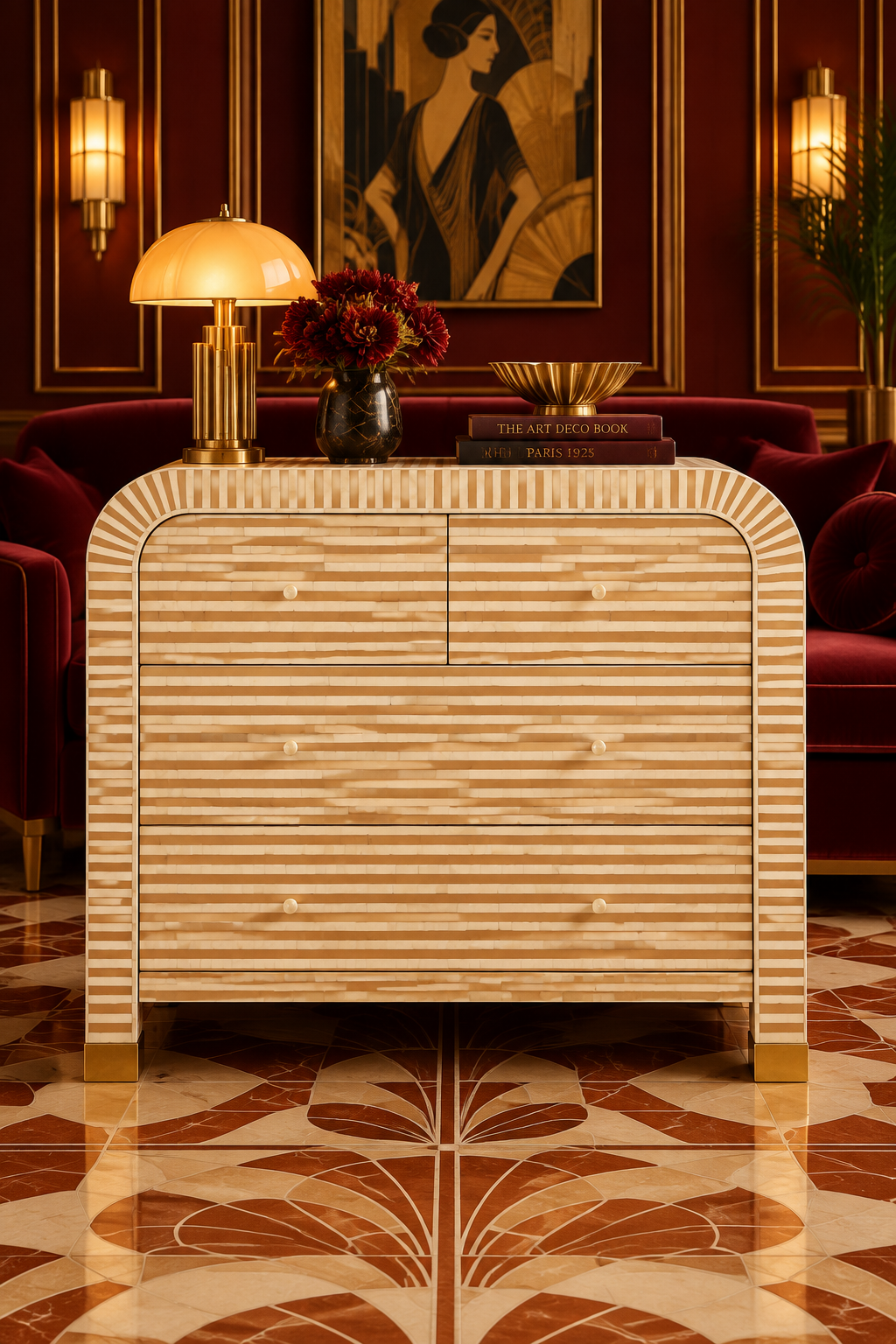 Waterfall Bone Inlay 4-Drawer Dresser – Almond