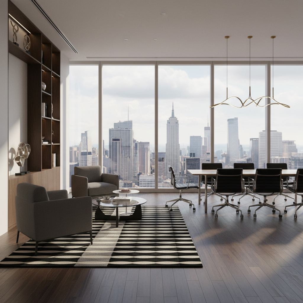 Modern office space with contemporary furniture and rug and city skyline view