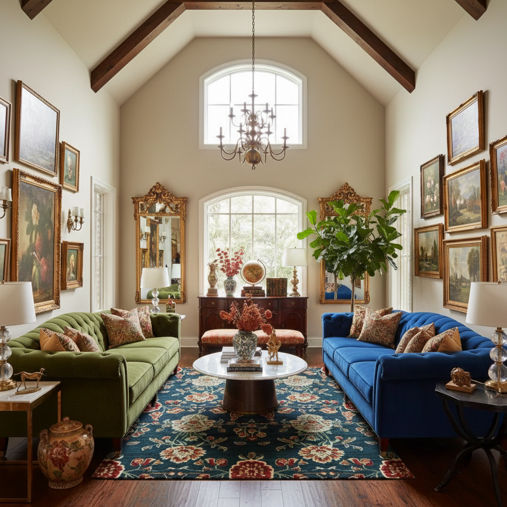 Living room with green and blue sofas, floral rug, and decorative elements.