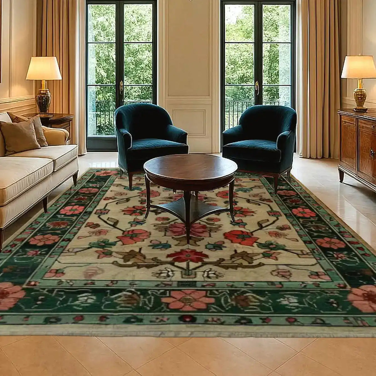Elegant Botanical Bliss Medium Hand Knotted Wool Rug in a sophisticated living room setting. This area rug, featuring intricate floral patterns reminiscent of Persian rugs, adds a touch of vintage charm and warmth. Perfect for dining room carpets and rugs for living room spaces, enhancing the cozy ambiance with its luxurious wool texture.