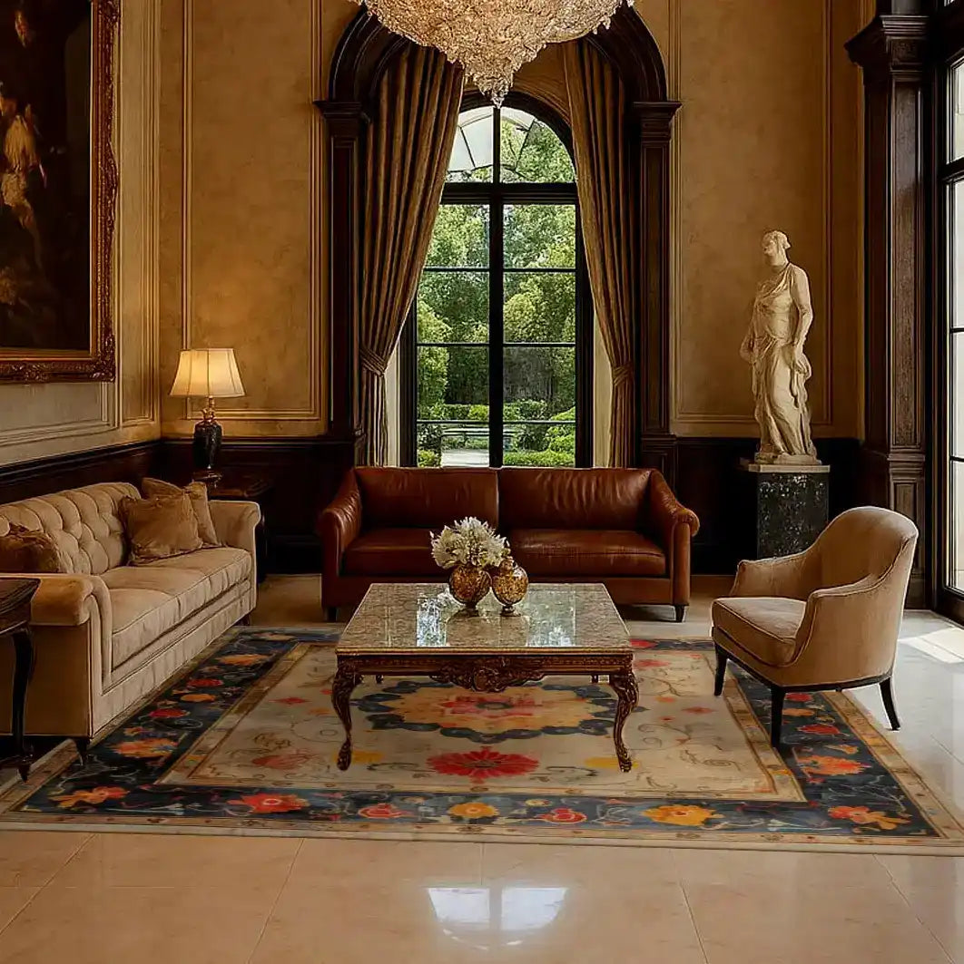 Elegant living room featuring a Botanical Grace Wool Hand Knotted Area Rug, showcasing a vibrant floral pattern reminiscent of vintage Persian rugs. This large living room rug, sized 8x10, adds a touch of grace and charm with its intricate design, making it a perfect centerpiece for any classic interior.