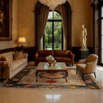 Elegant living room featuring a Botanical Grace Wool Hand Knotted Area Rug, showcasing a vibrant floral pattern reminiscent of vintage Persian rugs. This large living room rug, sized 8x10, adds a touch of grace and charm with its intricate design, making it a perfect centerpiece for any classic interior.