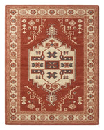 Brick Kazak Crest Hand Tufted Rug — red, cream, navy tribal rug by Maia Homes on a white background