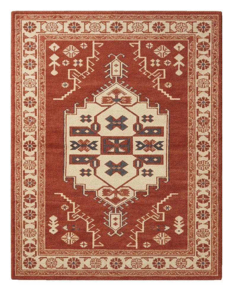 Brick Kazak Crest Hand Tufted Rug — red, cream, navy tribal rug by Maia Homes on a white background