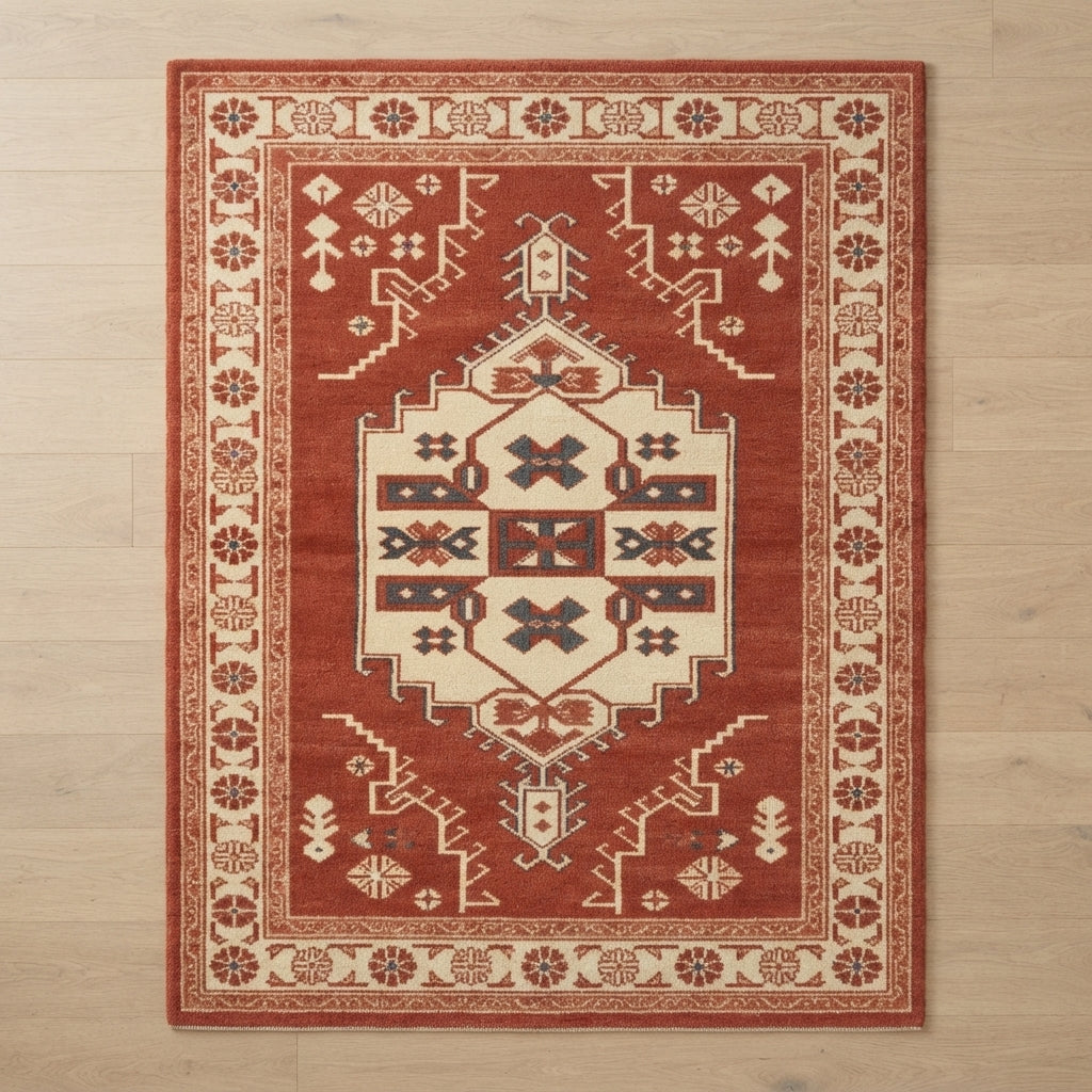 Brick Kazak Crest Hand Tufted Rug — red, cream, navy tribal rug by Maia Homes