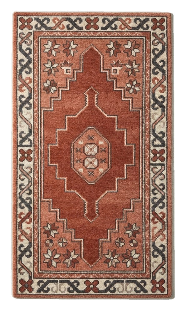 Brick Stepped Crest Hand Tufted Runner Rug — red, cream, navy tribal rug by Maia Homes on a white background