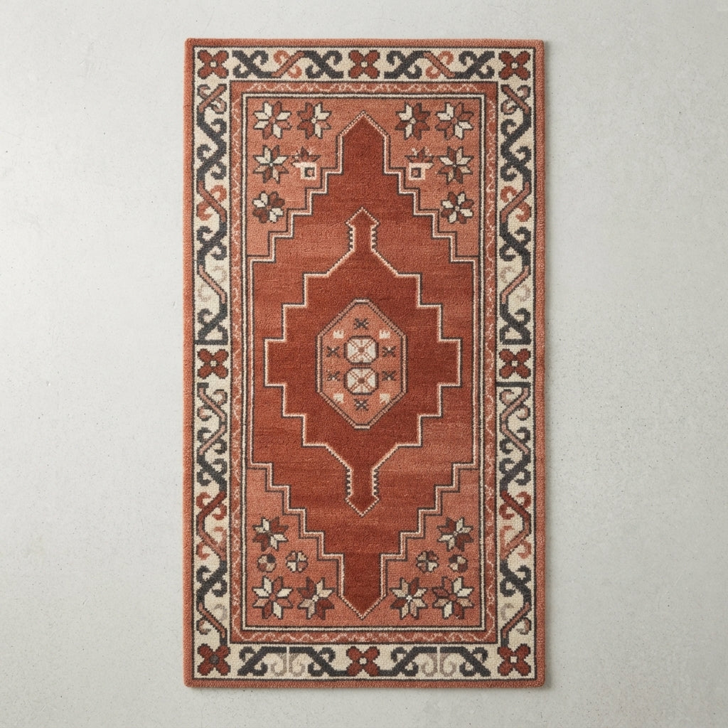 Brick Stepped Crest Hand Tufted Runner Rug — red, cream, navy tribal rug by Maia Homes