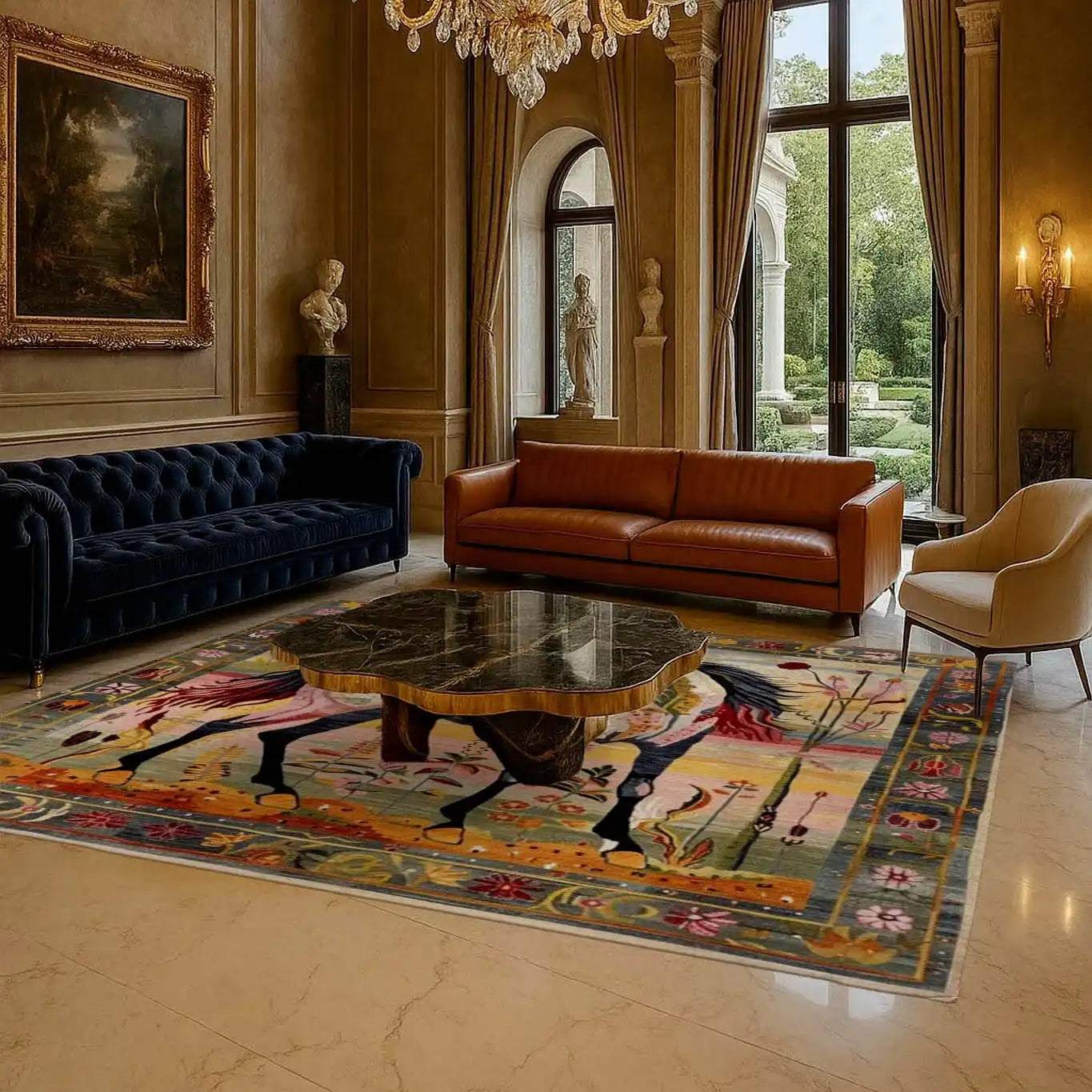 A luxurious living room featuring a hand-knotted area rug with an intricate design, perfect for large spaces. The rug showcases vibrant colors and a unique pattern, ideal for adding a touch of elegance to your living room. This square Persian wool rug complements the sophisticated decor with its abstract equine motif, blending seamlessly with the classic furniture and opulent surroundings.