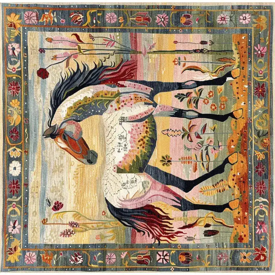 A vibrant hand-knotted area rug featuring an artistic depiction of a horse amidst abstract floral designs. This square Persian-inspired wool rug, ideal for large living rooms, showcases a blend of rich colors and intricate patterns, making it a perfect statement piece for those seeking unique rugs for their living room.