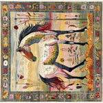 A vibrant hand-knotted area rug featuring an artistic depiction of a horse amidst abstract floral designs. This square Persian-inspired wool rug, ideal for large living rooms, showcases a blend of rich colors and intricate patterns, making it a perfect statement piece for those seeking unique rugs for their living room.