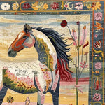 Bright Meadow Steed Hand Knotted Area Rug featuring a vibrant horse design with floral accents, perfect for adding a touch of elegance to your living room. This square wool rug combines the classic charm of Persian rugs with a modern twist, making it an ideal large area rug for any spacious living room.