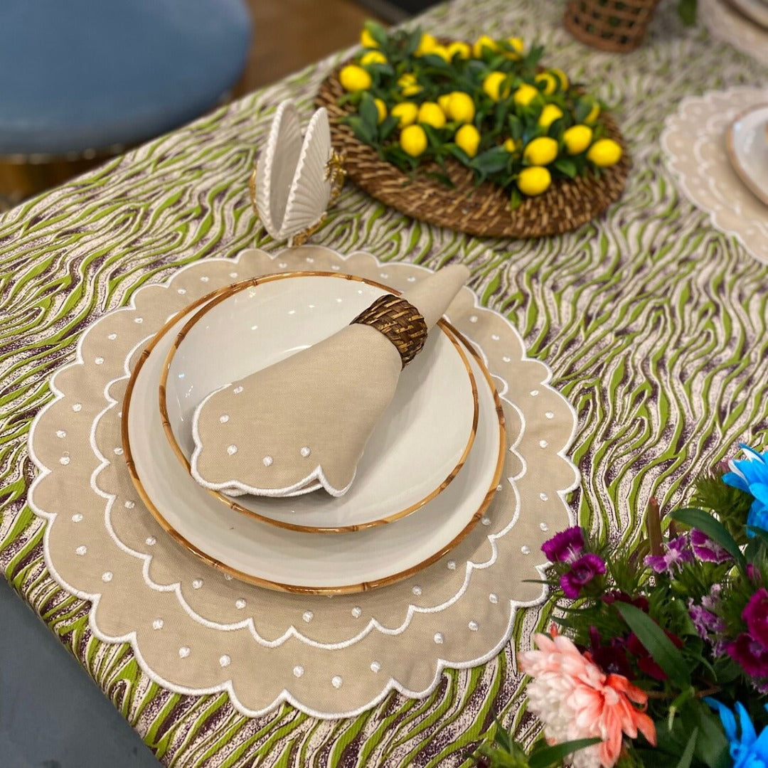 Brown Sugar Placemats, featuring a rich brown hue complemented by a crisp white border. Perfect for adding warmth and sophistication to any table setting, these placemats are both stylish and practical for everyday use.