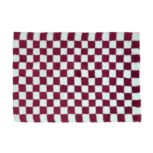 Burgundy and White Classic Checker Wool Rug
