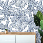 Blue and White Oversized Exotic Leaves Wallpaper