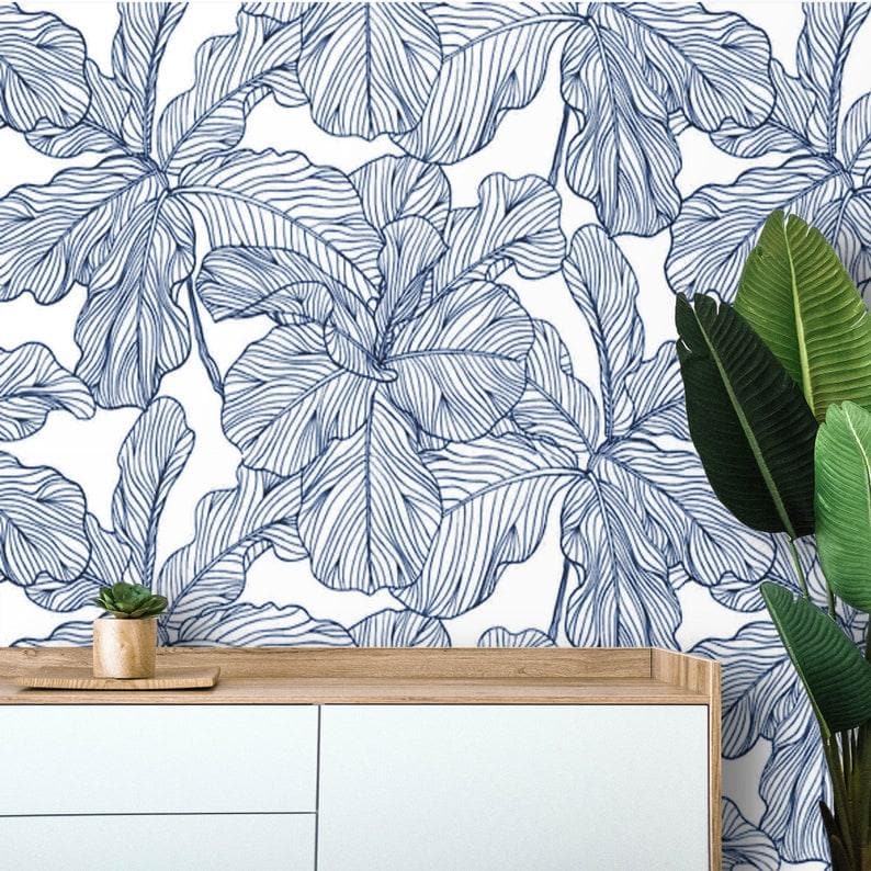 Butterflies and Delicate Botanical Wallpaper Blue and White Oversized Exotic Leaves Wallpaper Blue and White Oversized Exotic Leaves Wallpaper 