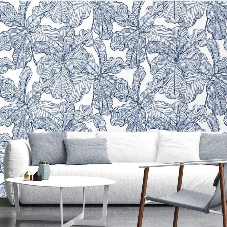 Blue and White Oversized Exotic Leaves Wallpaper