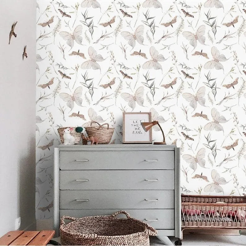 Butterflies and Delicate Botanical Wallpaper