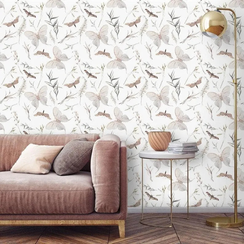 Butterflies and Delicate Botanical Wallpaper