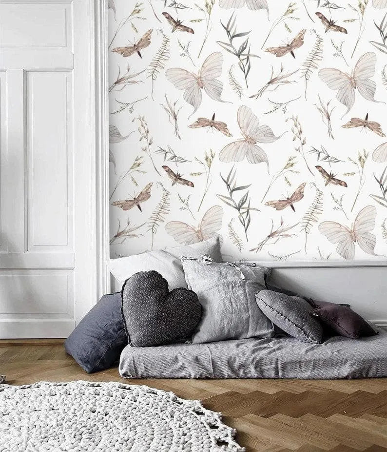 Butterflies and Delicate Botanical Wallpaper