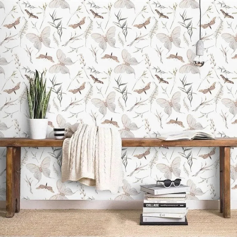 Butterflies and Delicate Botanical Wallpaper