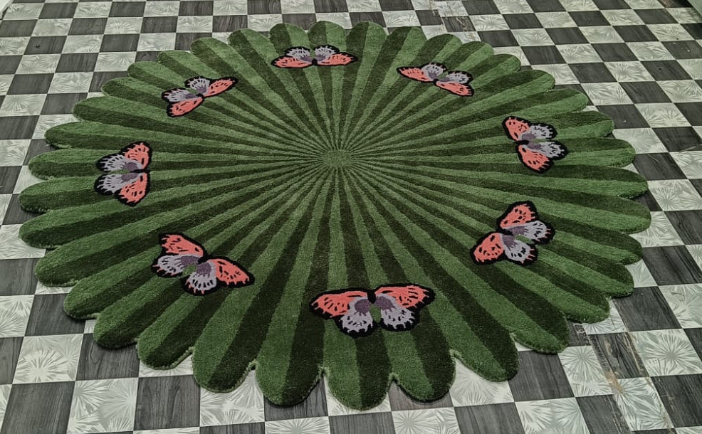 Butterflies over Flower Green Round Hand Tufted Wool Rug