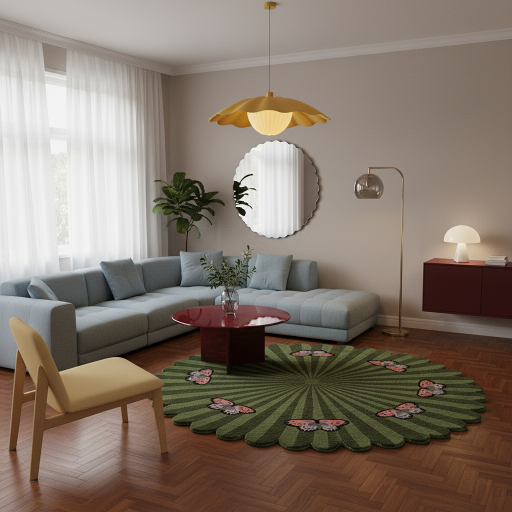 Butterflies over Flower Green Round Hand Tufted Wool Rug