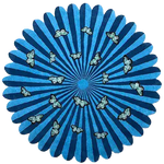 A stunning round wool rug featuring a vibrant blue design with radiating stripes and delicate butterfly motifs, perfect for adding a whimsical touch to any bedroom or living room. This hand-tufted area rug is ideal for those seeking unique living room area rugs or a stylish living room rug 8x10 as a focal point.