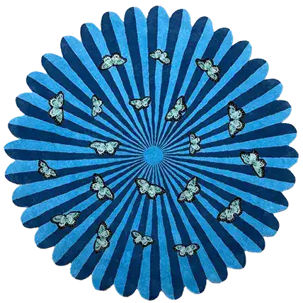 A stunning round wool rug featuring a vibrant blue design with radiating stripes and delicate butterfly motifs, perfect for adding a whimsical touch to any bedroom or living room. This hand-tufted area rug is ideal for those seeking unique living room area rugs or a stylish living room rug 8x10 as a focal point.