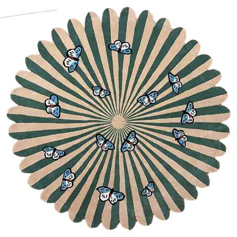 A stunning round area rug featuring an earthy tone with a unique striped pattern radiating from the center, adorned with vibrant blue butterflies. Ideal for adding a touch of elegance to living room and dining room spaces, this hand-tufted wool rug enhances any decor with its intricate design and luxurious texture.