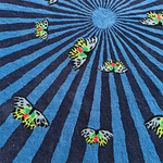Vibrant hand tufted wool area rug featuring colorful butterflies over a striking blue and black radial design. Ideal for adding flair to bedrooms or as a large area rug in living rooms.