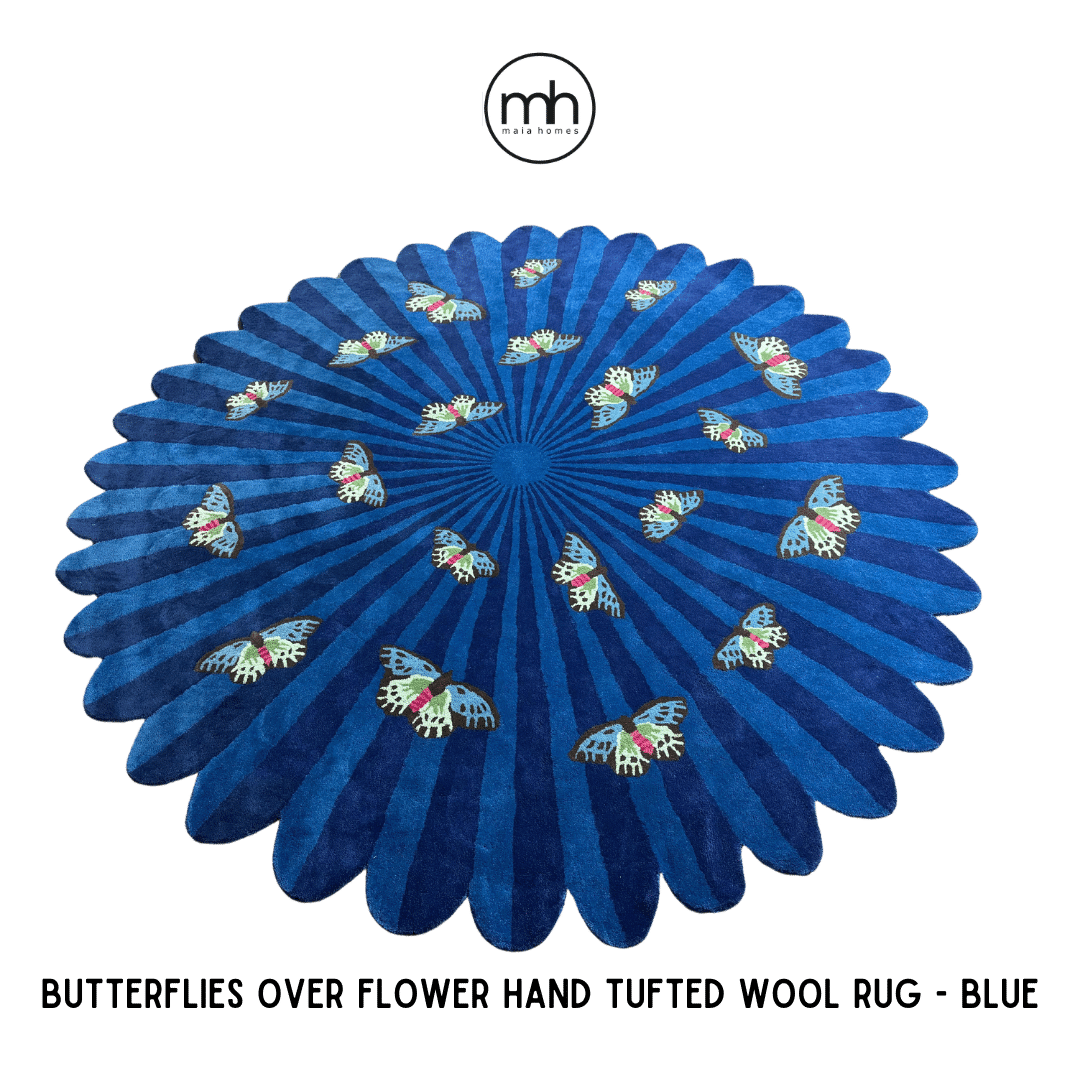 Butterflies over Flower Hand Tufted Wool Rug - Blue