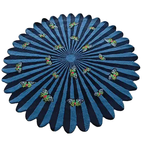 A beautifully designed round wool rug featuring a vibrant pattern of butterflies over a flower motif, ideal for adding a splash of color to bedrooms or living rooms. This hand-tufted area rug, with its striking blue tones, is perfect for anyone looking for large area rugs or unique rugs for bedroom settings.