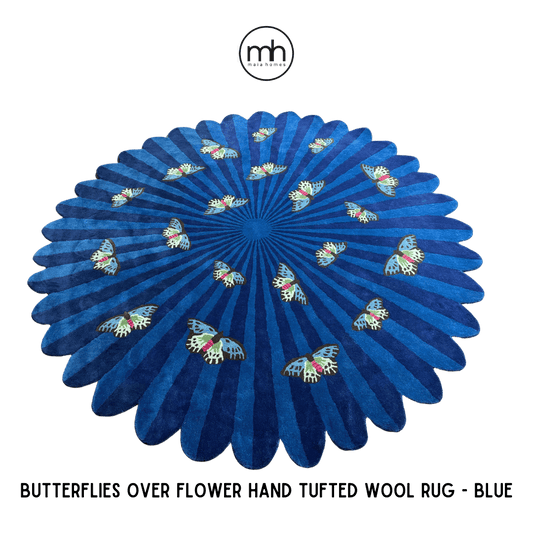 Butterflies over Flower Hand Tufted Wool Rug - Blue