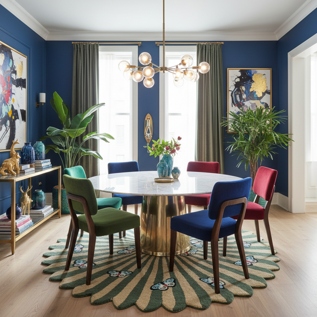 Modern dining room with colorful butterfly rug and chairs and a round table.
