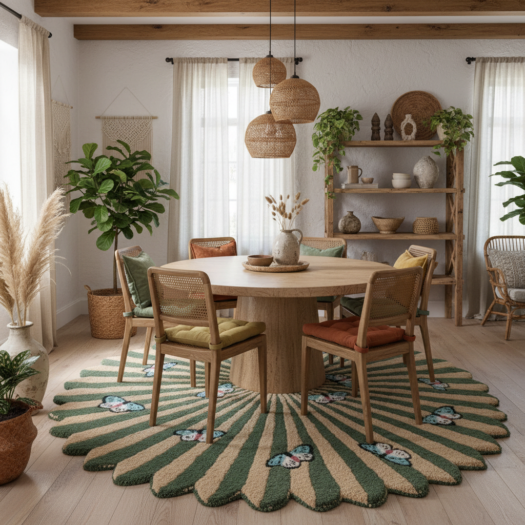 Butterflies over Flower Hand Tufted Wool Rug - Earthy