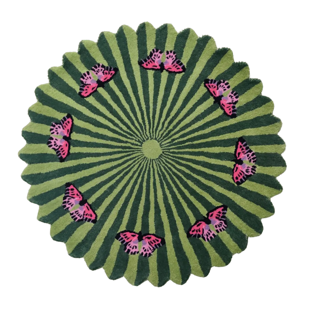 Butterflies over Flower Round Hand Tufted Wool Rug - Light Green