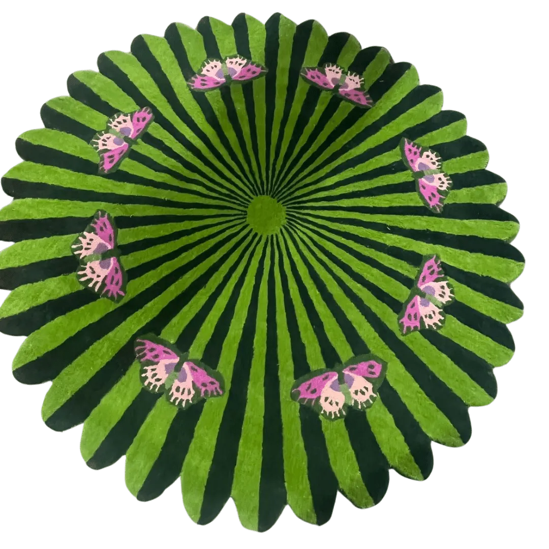 Butterflies over Flower Round Hand Tufted Wool Rug - Light Green