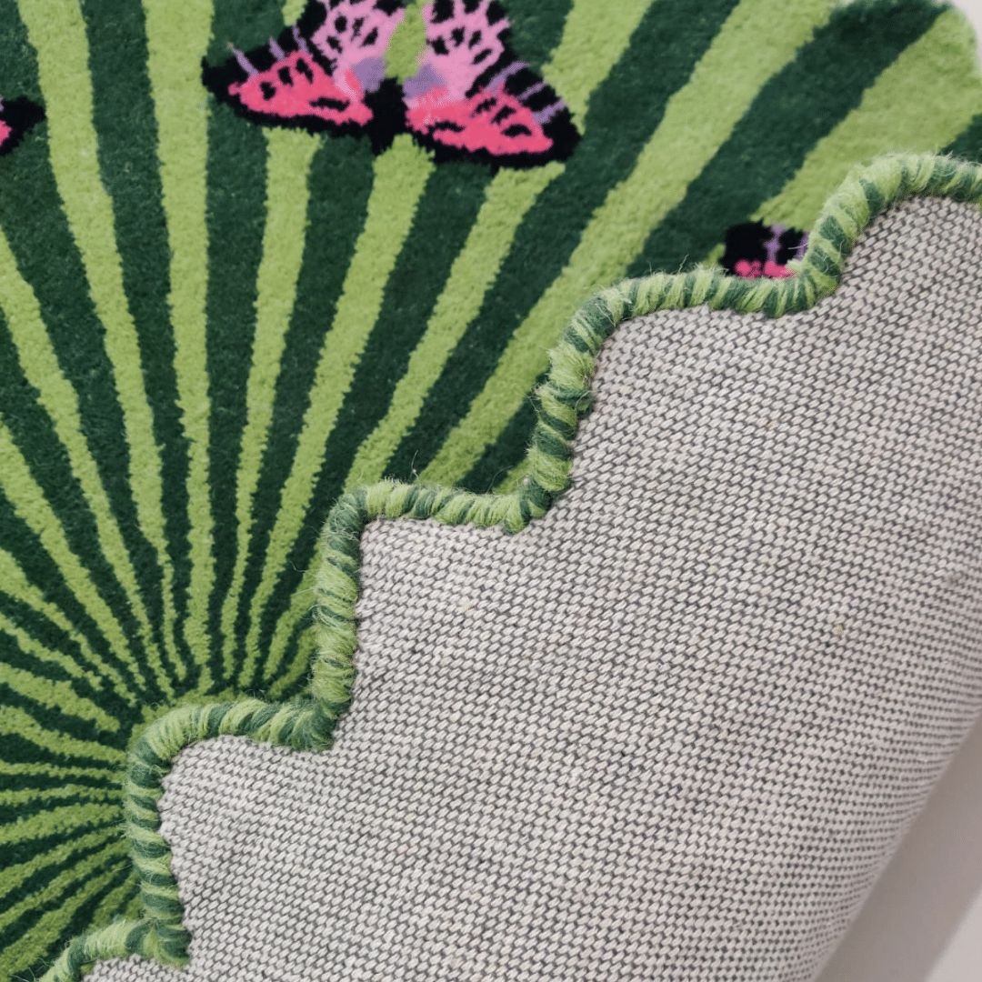 Butterflies over Flower Round Hand Tufted Wool Rug - Light Green