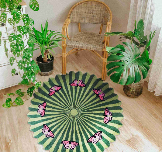 Butterflies over Flower Round Hand Tufted Wool Rug - Light Green