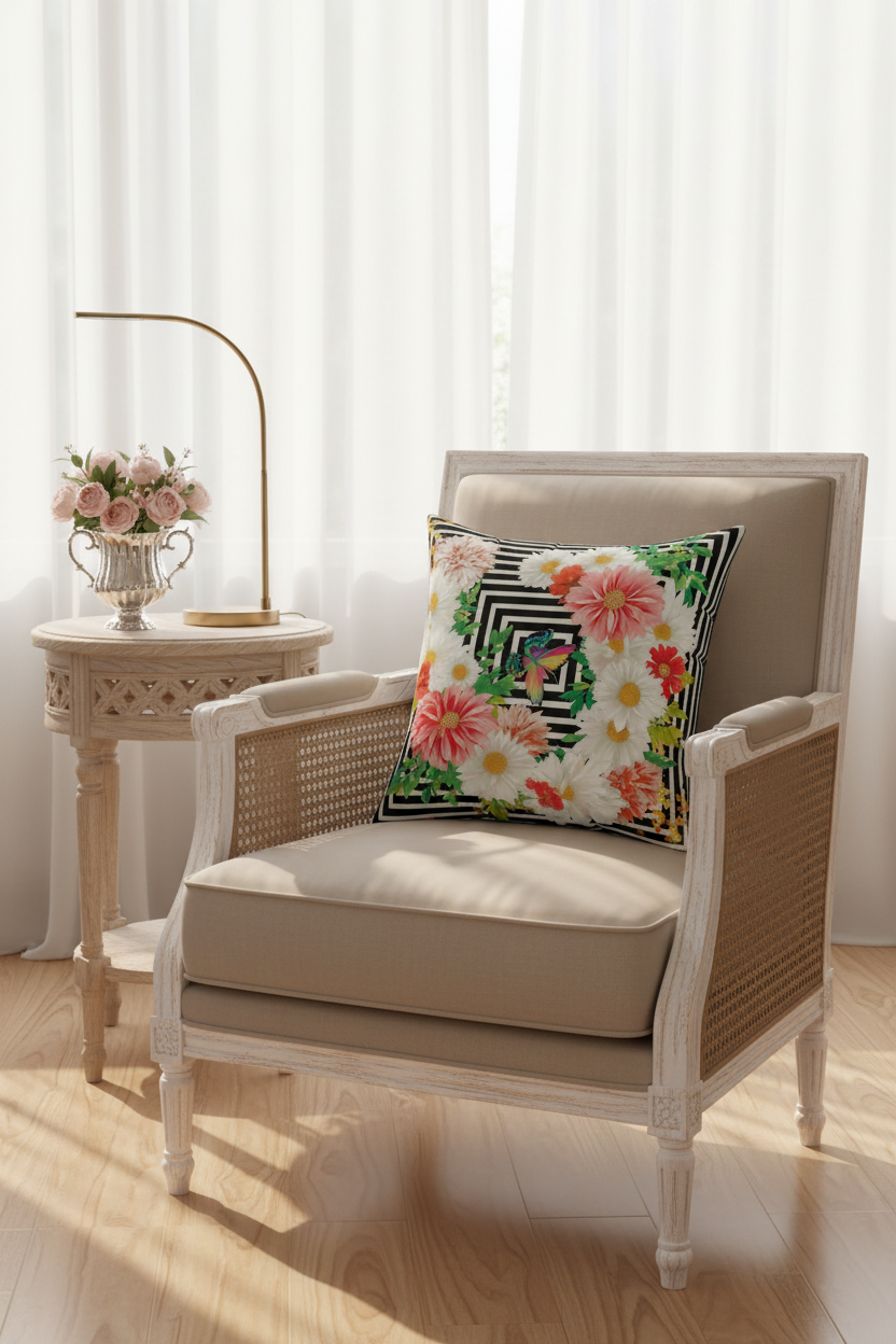 A beige upholstered armchair with woven cane arms sits in a bright room beside a small side table with flowers and a floor lamp. A square floral throw pillow with a black geometric pattern rests on the chair.