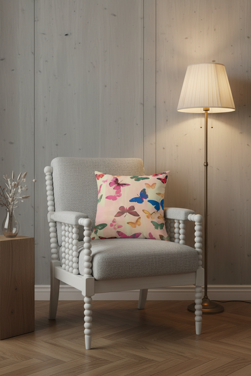 A light gray upholstered armchair with a white spindle-style frame sits in a room with wood-paneled walls and a lit floor lamp. A square throw pillow with a colorful butterfly print rests on the chair.