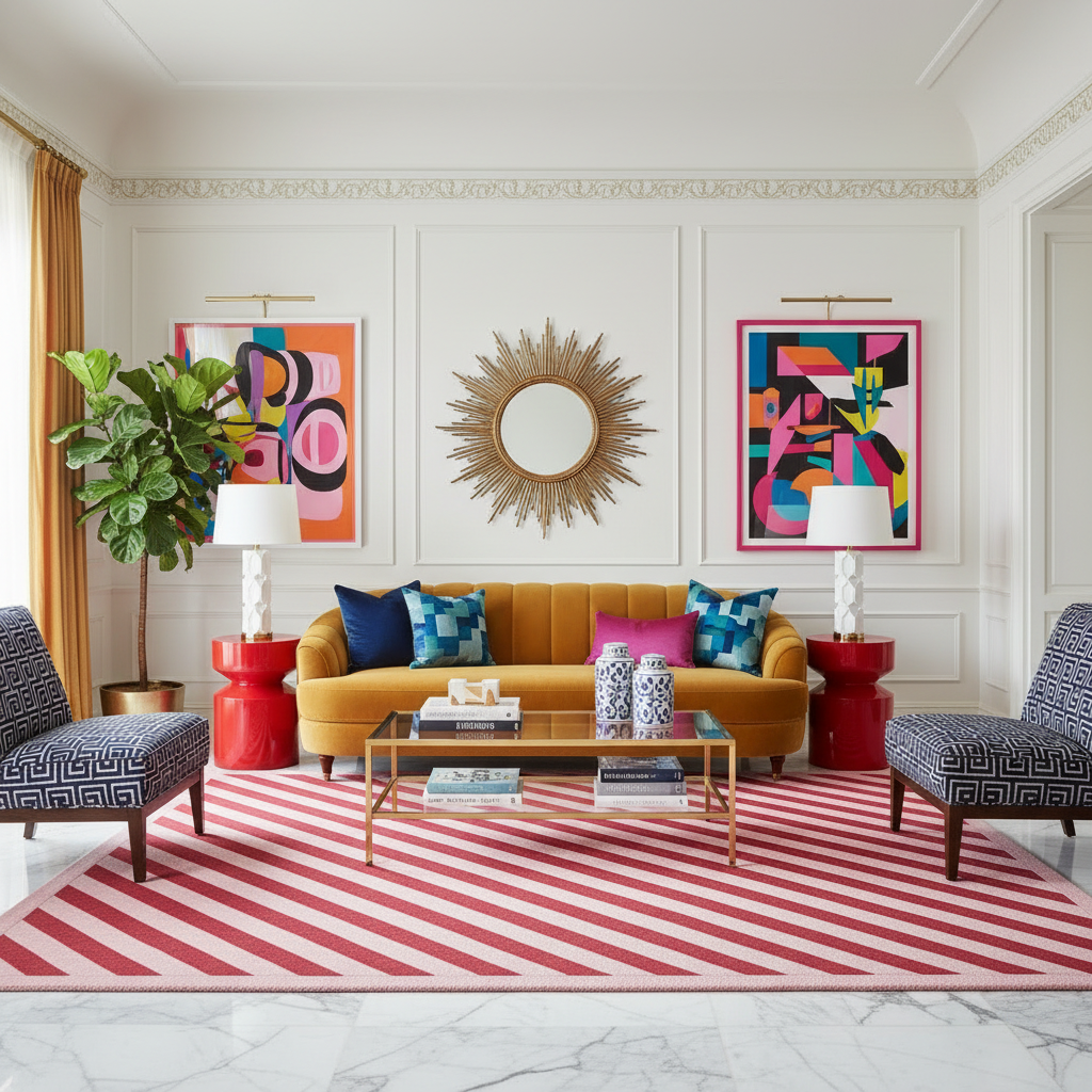 Modern living room with a yellow sofa, colorful abstract art, and a Candy Everyday Hand Tufted Wool Rug.