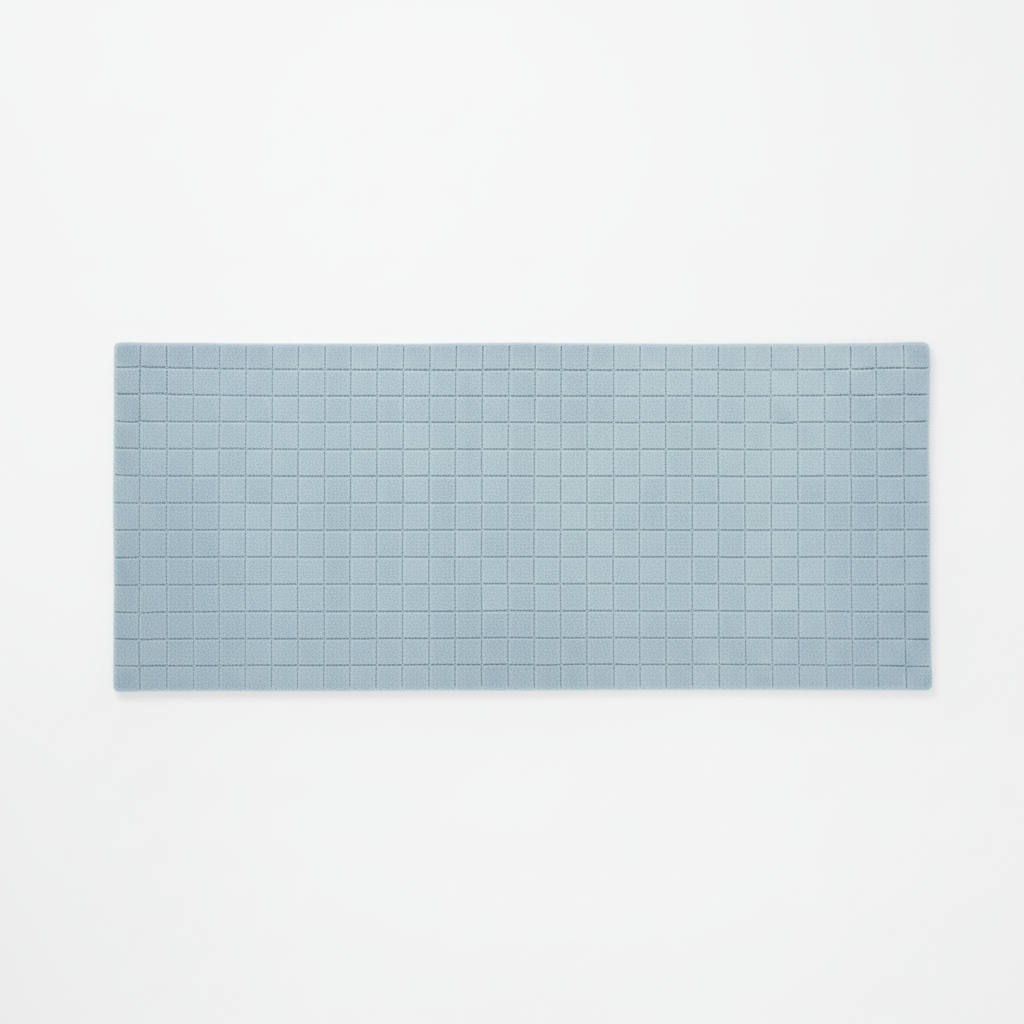 Rectangular blue tufted wool rug on a white background