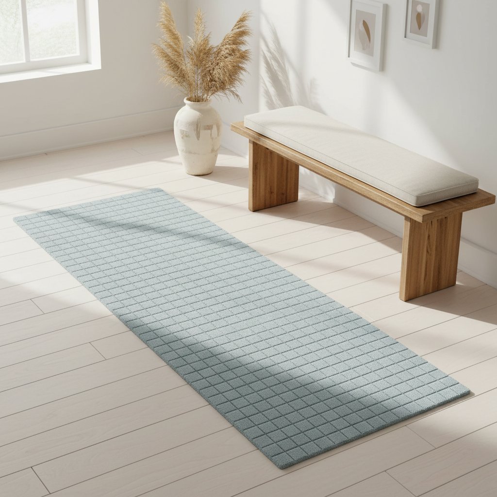 Carving Mini Hand Tufted Wool Rug on a wooden floor with a wooden bench and decorative vase in the background.