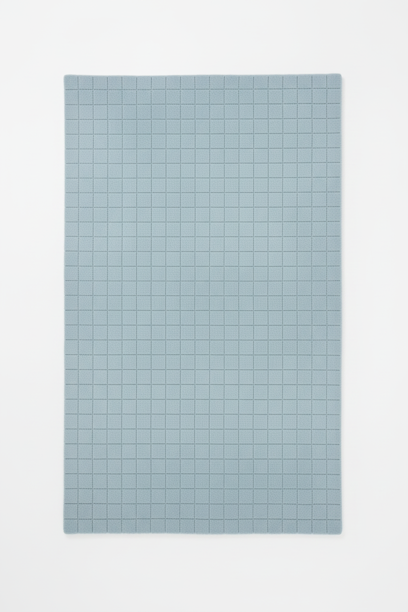 Rectangular blue rug with a grid pattern on a white background