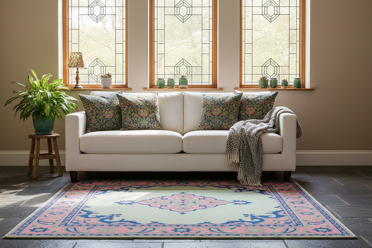 Living room with a beige sofa, decorative pillows, and a patterned rug.